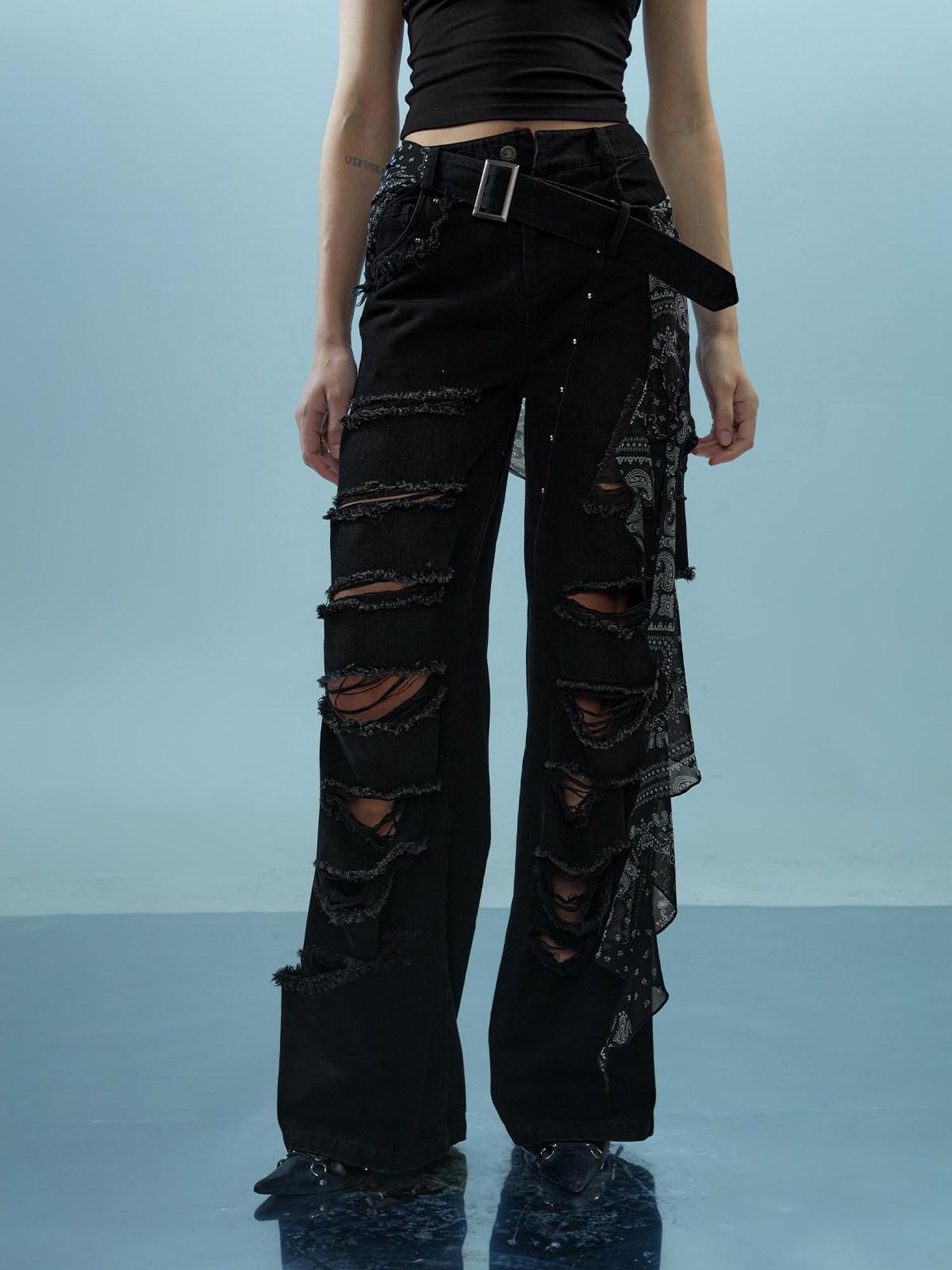 Washed Distressed Detachable Flap Wide Leg Women&