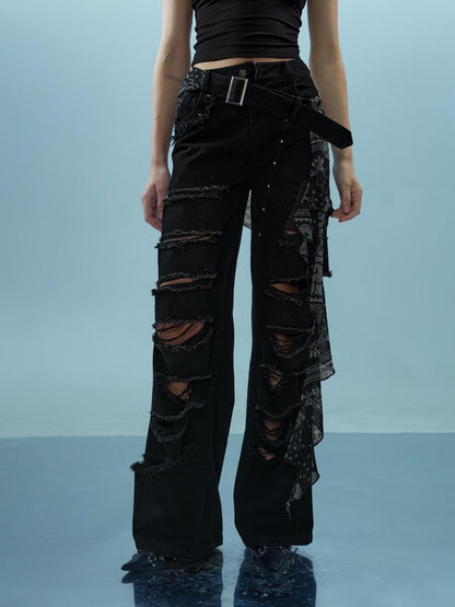 Washed Distressed Detachable Flap Wide Leg Women&