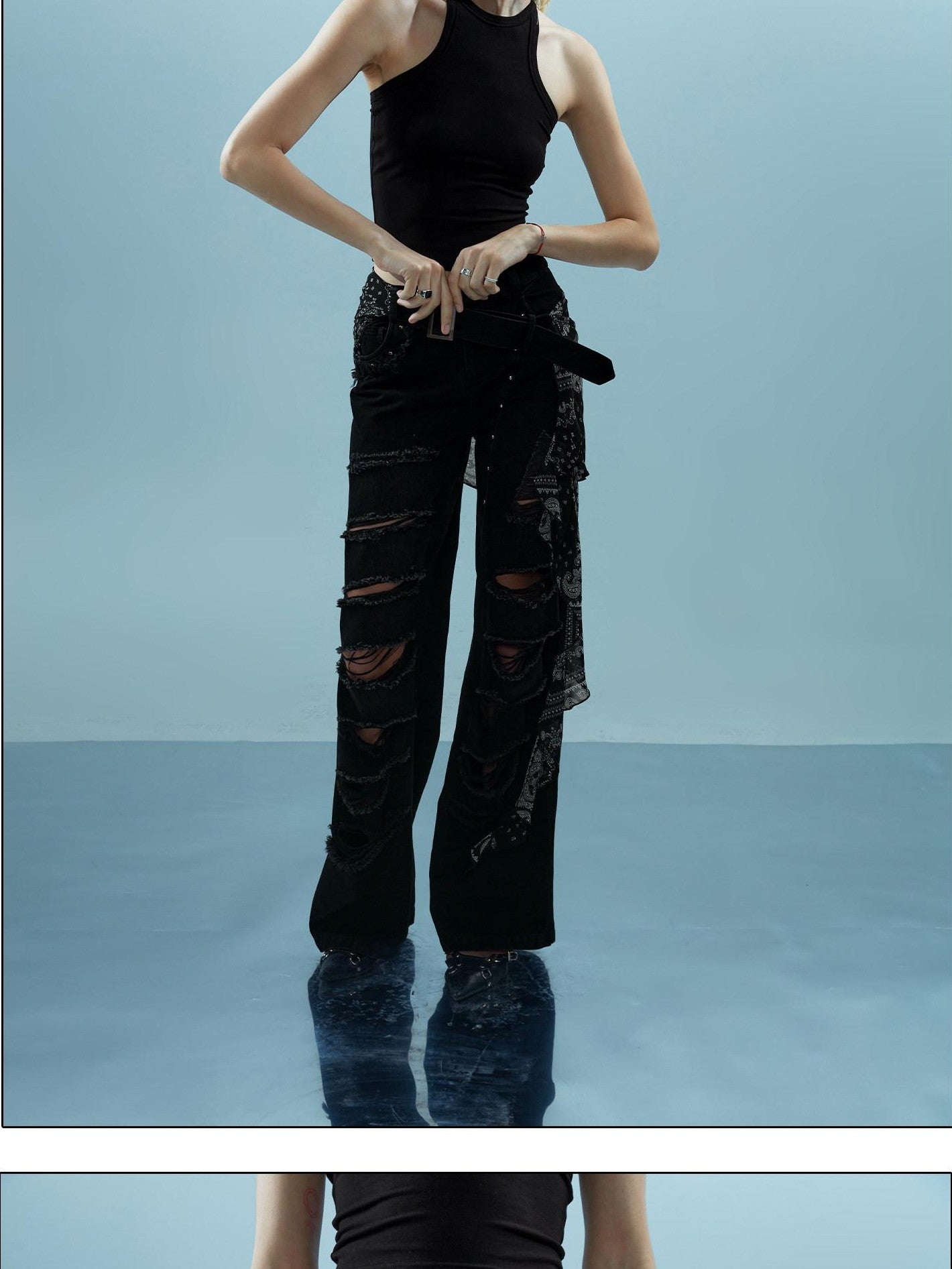Washed Distressed Detachable Flap Wide Leg Women&