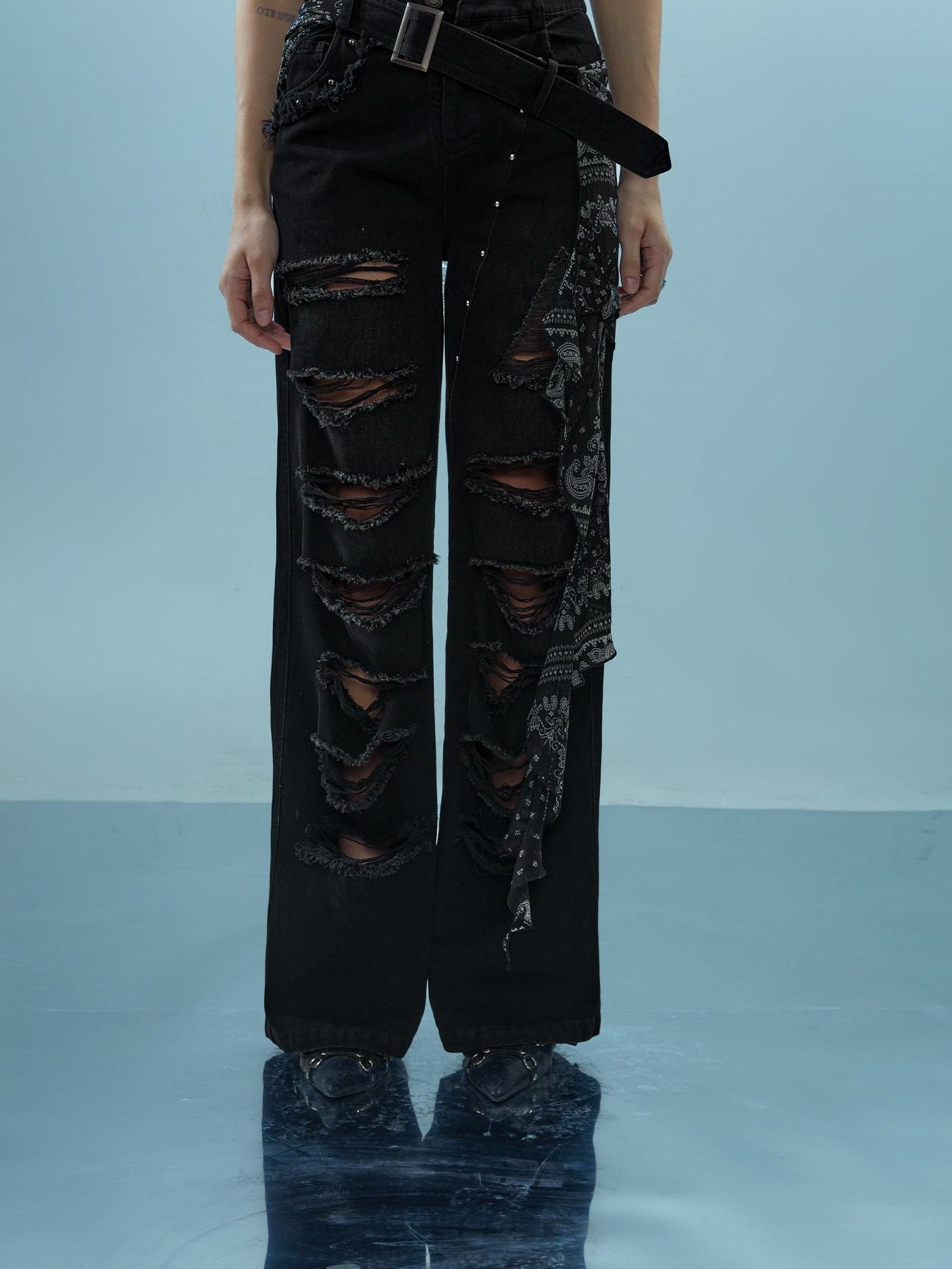 Washed Distressed Detachable Flap Wide Leg Women&