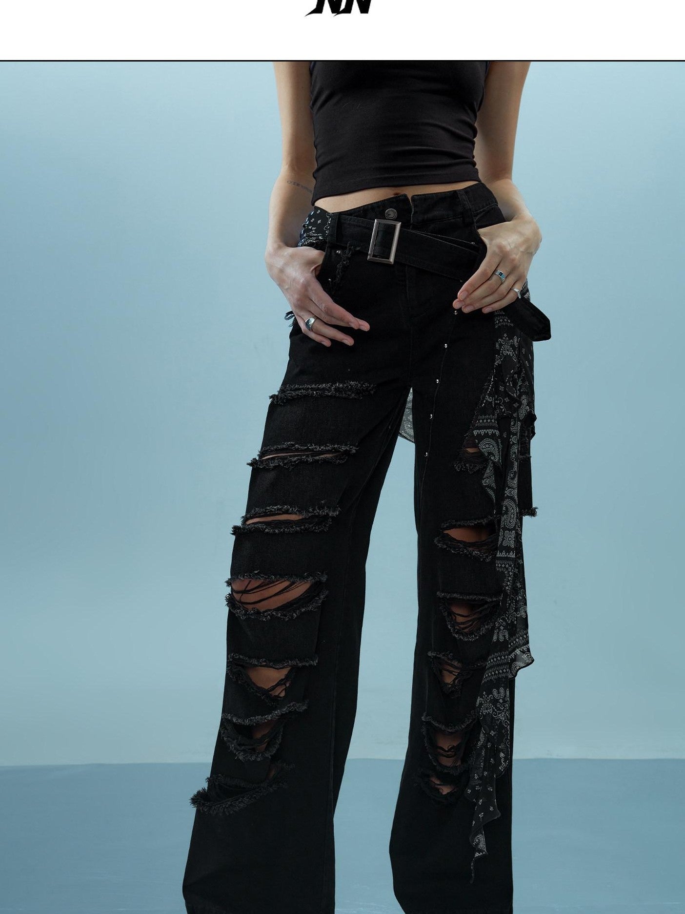 Washed Distressed Detachable Flap Wide Leg Women&