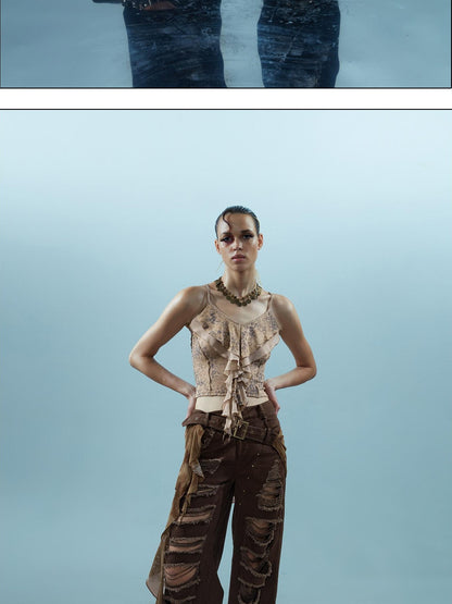 Washed Distressed Detachable Flap Wide Leg Women&
