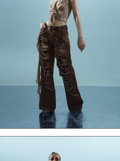Washed Distressed Detachable Flap Wide Leg Women&