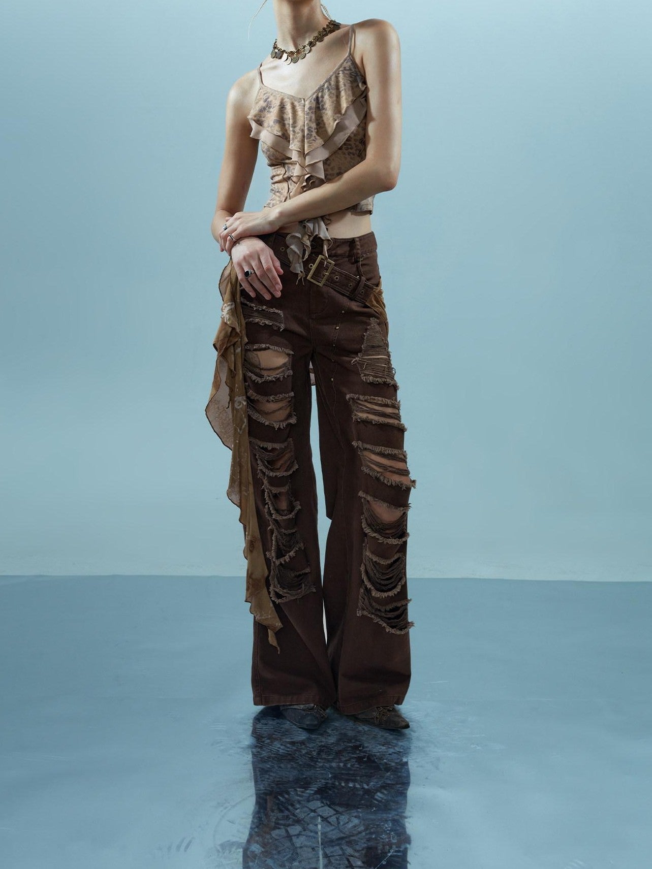 Washed Distressed Detachable Flap Wide Leg Women&