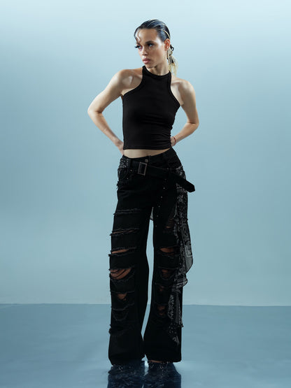 Washed Distressed Detachable Flap Wide Leg Women&