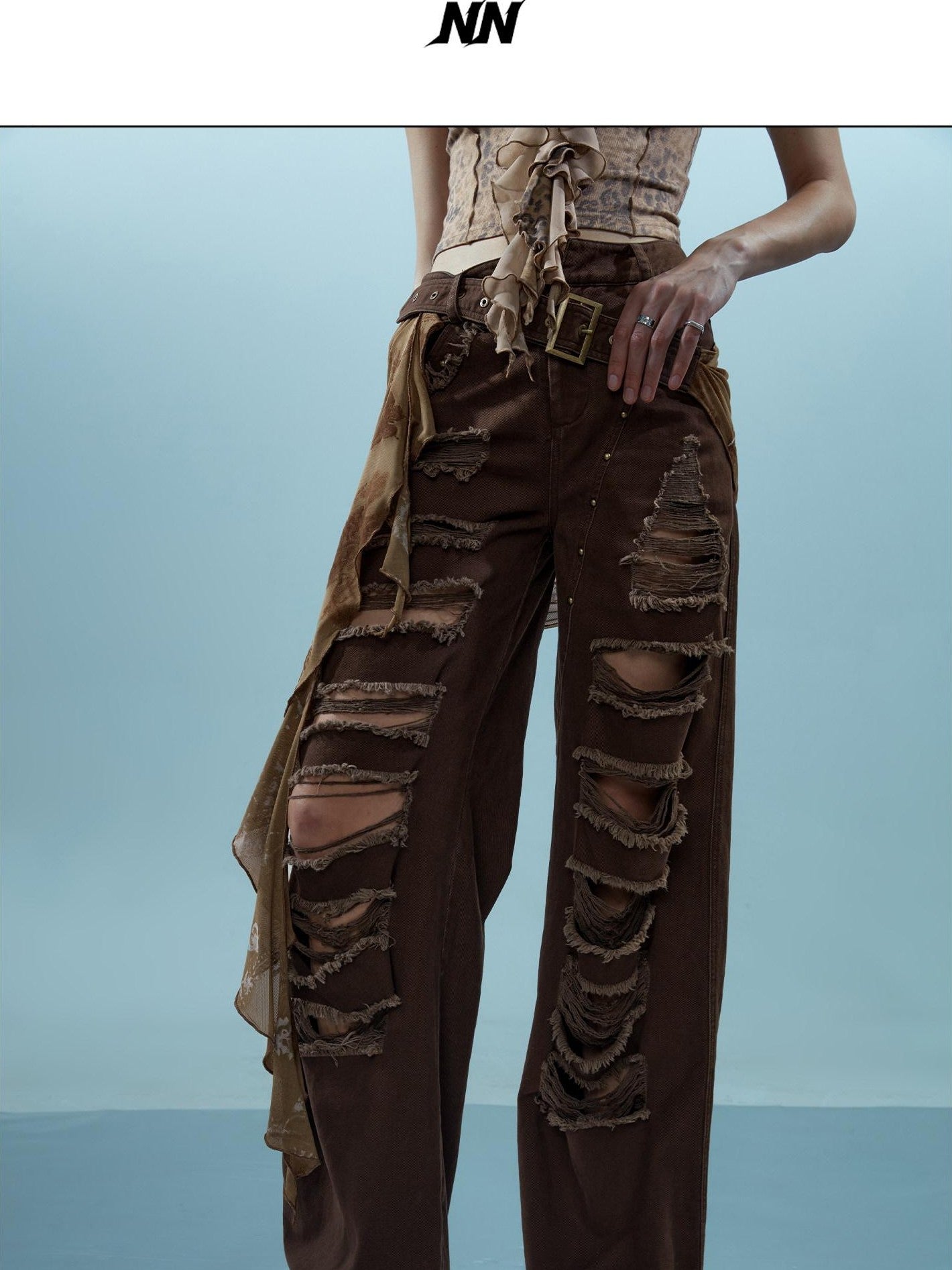 Washed Distressed Detachable Flap Wide Leg Women&