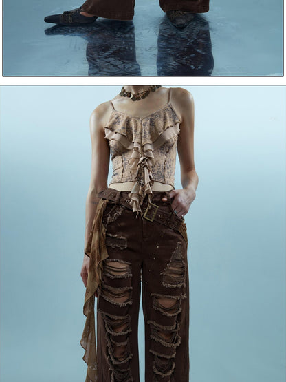 NORTH NODE Washed Distressed Detachable Flap Wide Leg Women&
