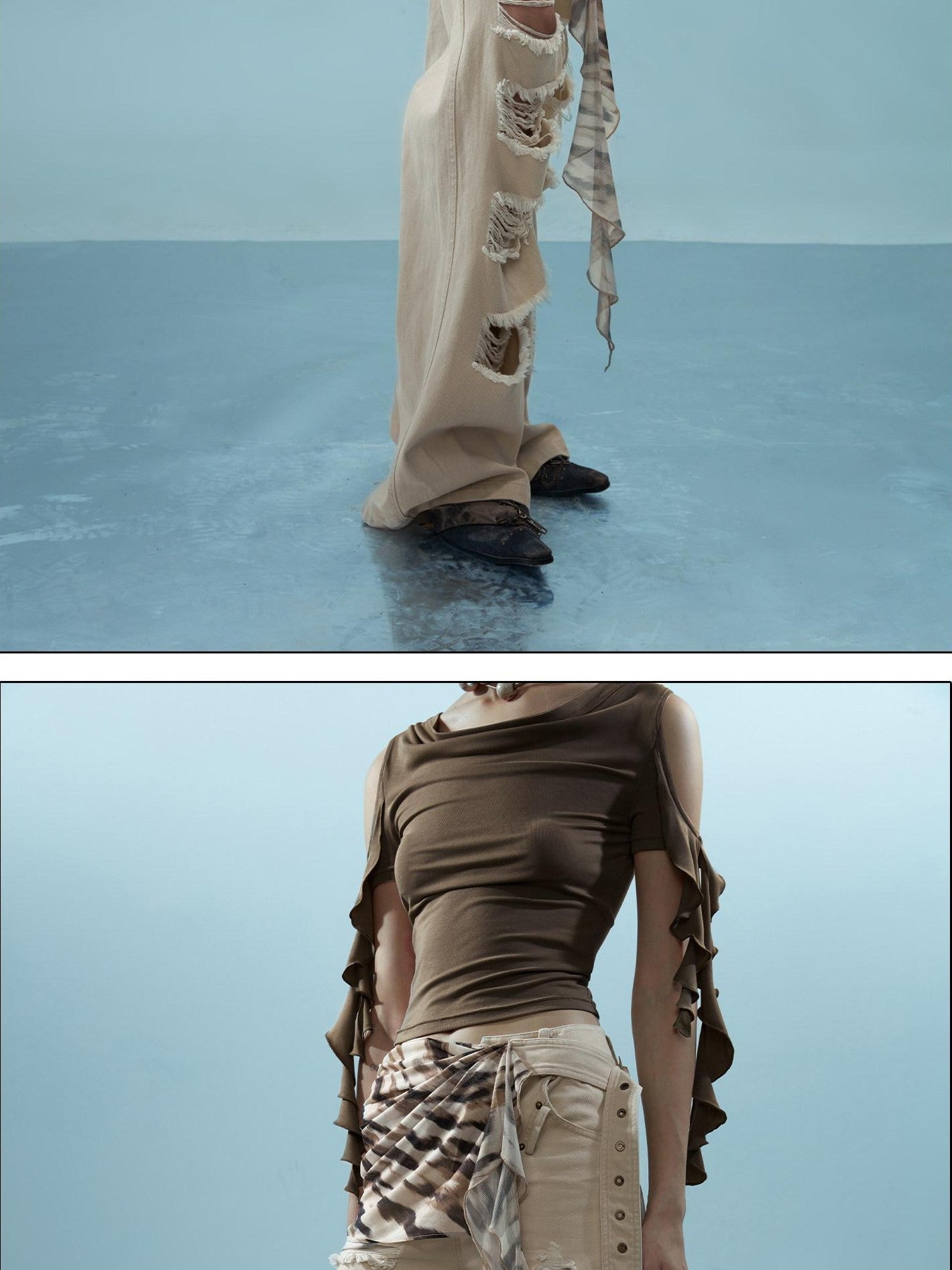 Washed Distressed Detachable Flap Wide Leg Women&