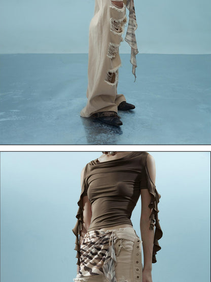 NORTH NODE Washed Distressed Detachable Flap Wide Leg Women&