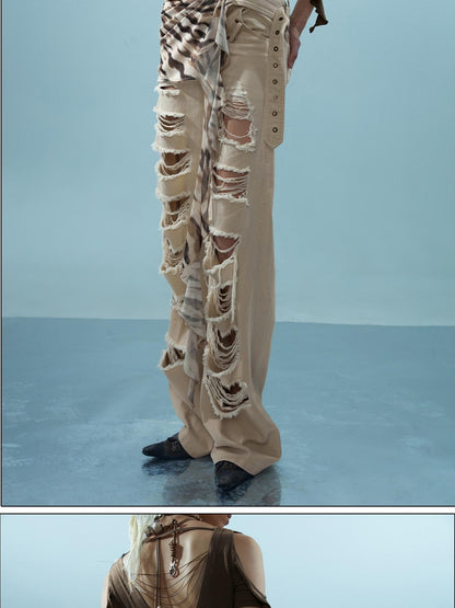 Washed Distressed Detachable Flap Wide Leg Women&
