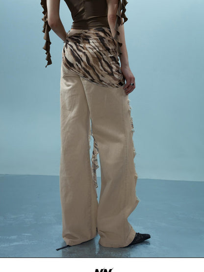 Washed Distressed Detachable Flap Wide Leg Women&