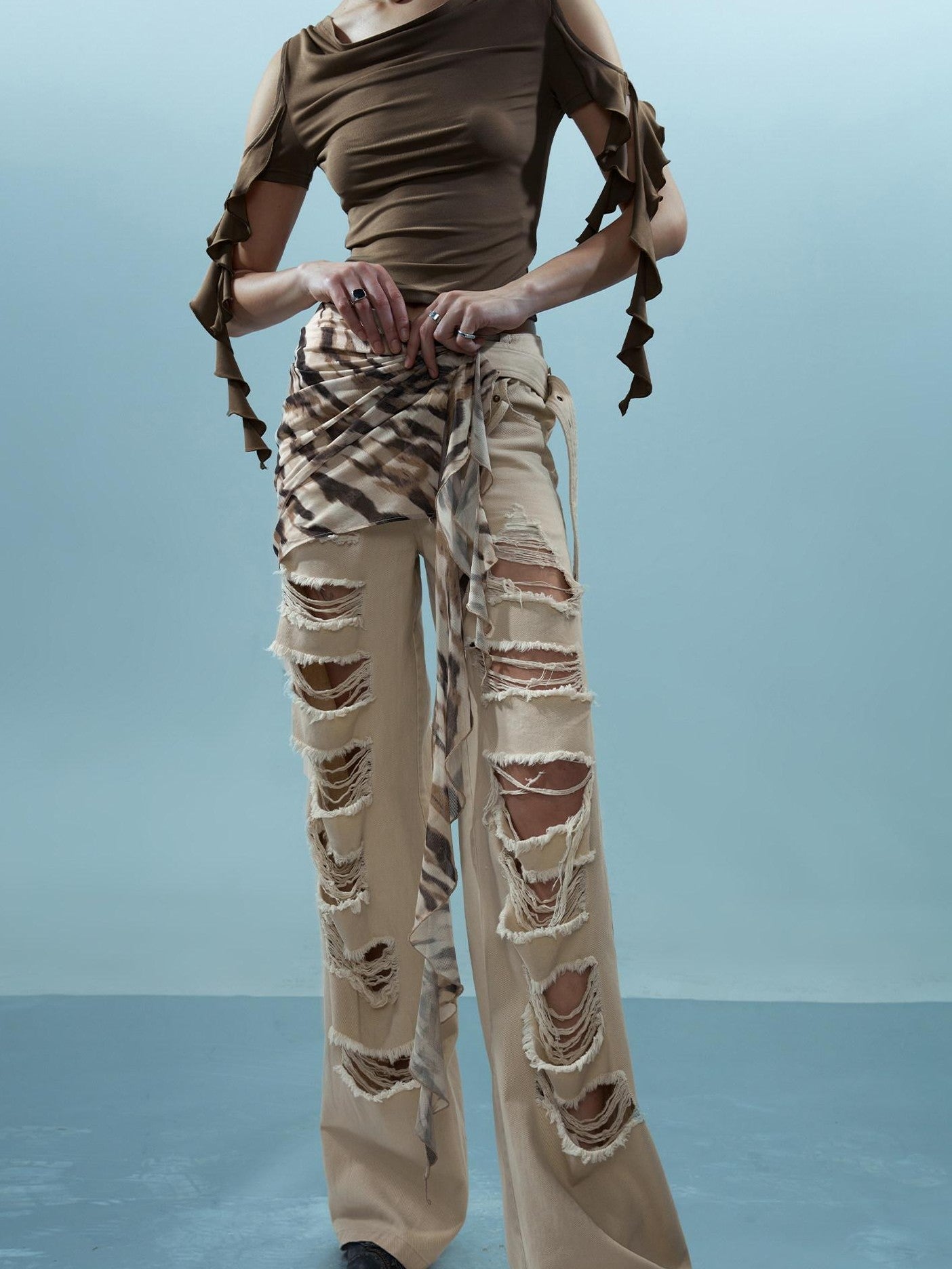 Washed Distressed Detachable Flap Wide Leg Women&