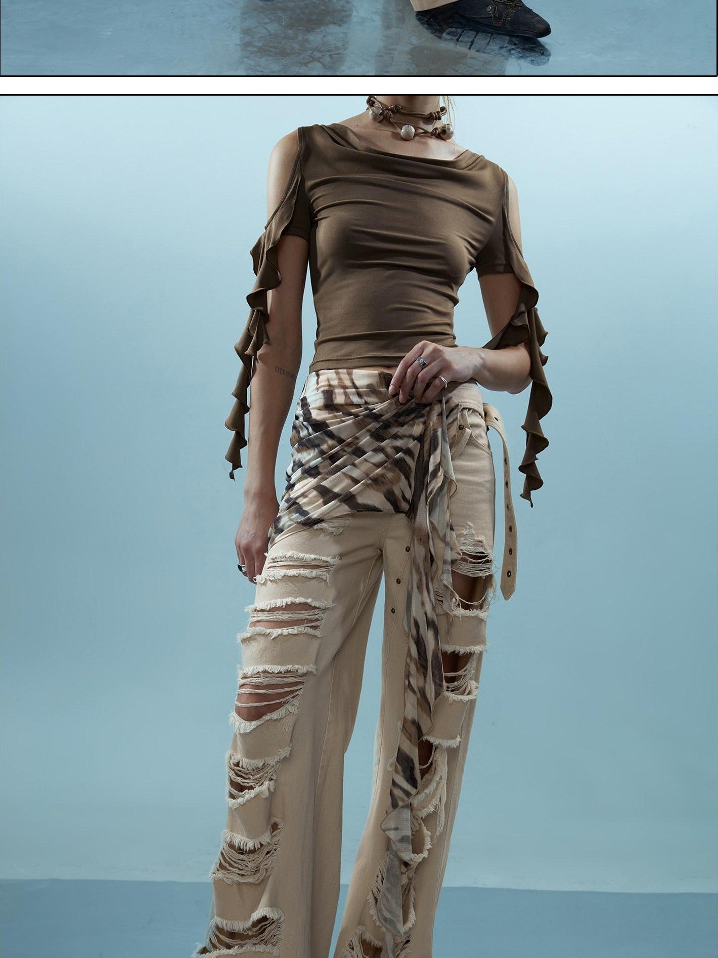 Washed Distressed Detachable Flap Wide Leg Women&