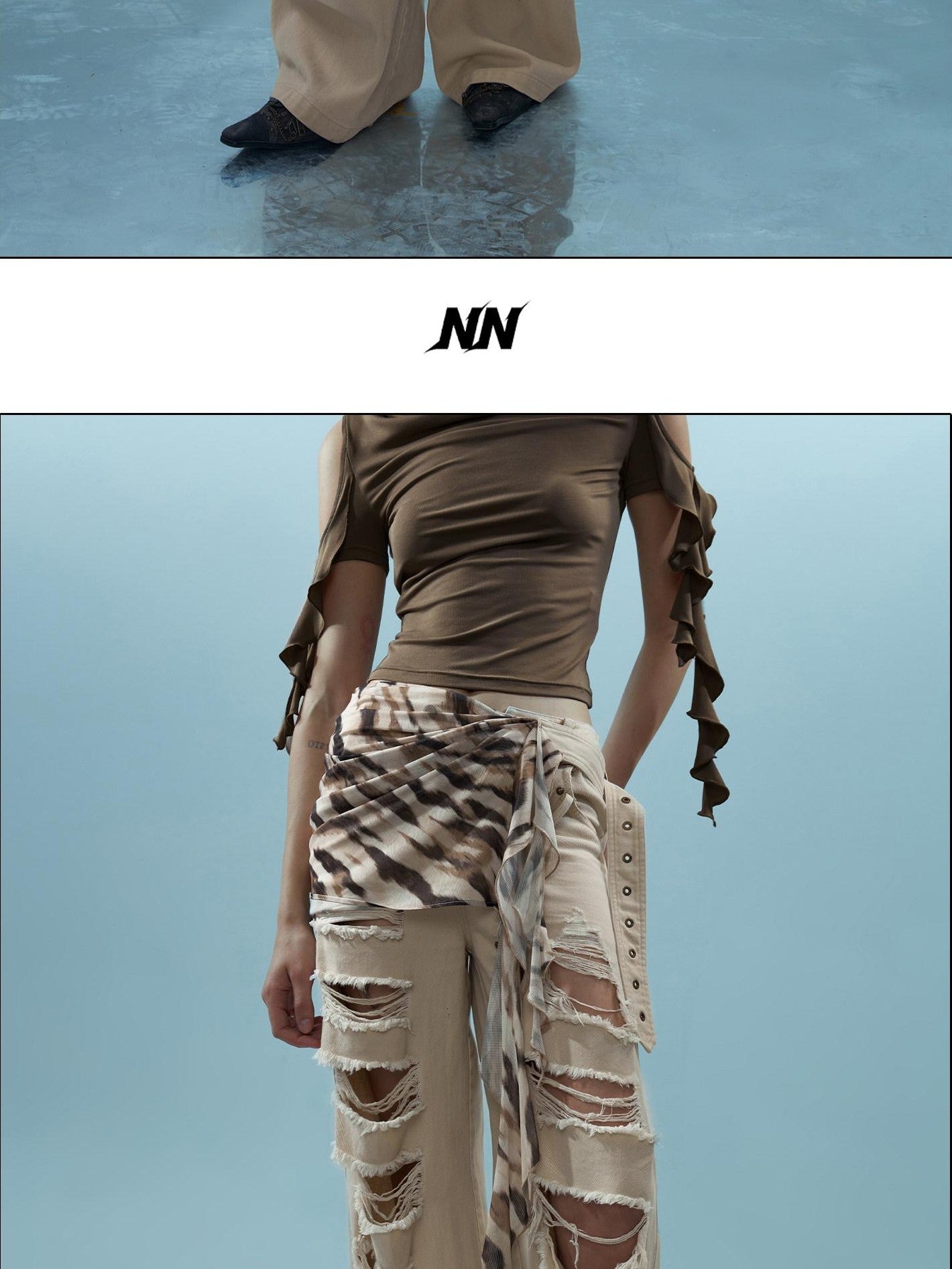 Washed Distressed Detachable Flap Wide Leg Women&