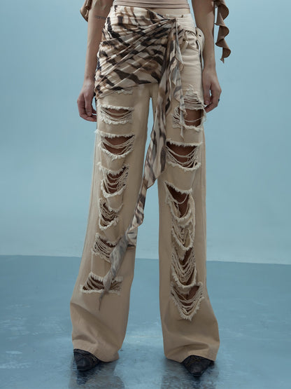 Washed Distressed Detachable Flap Wide Leg Women&