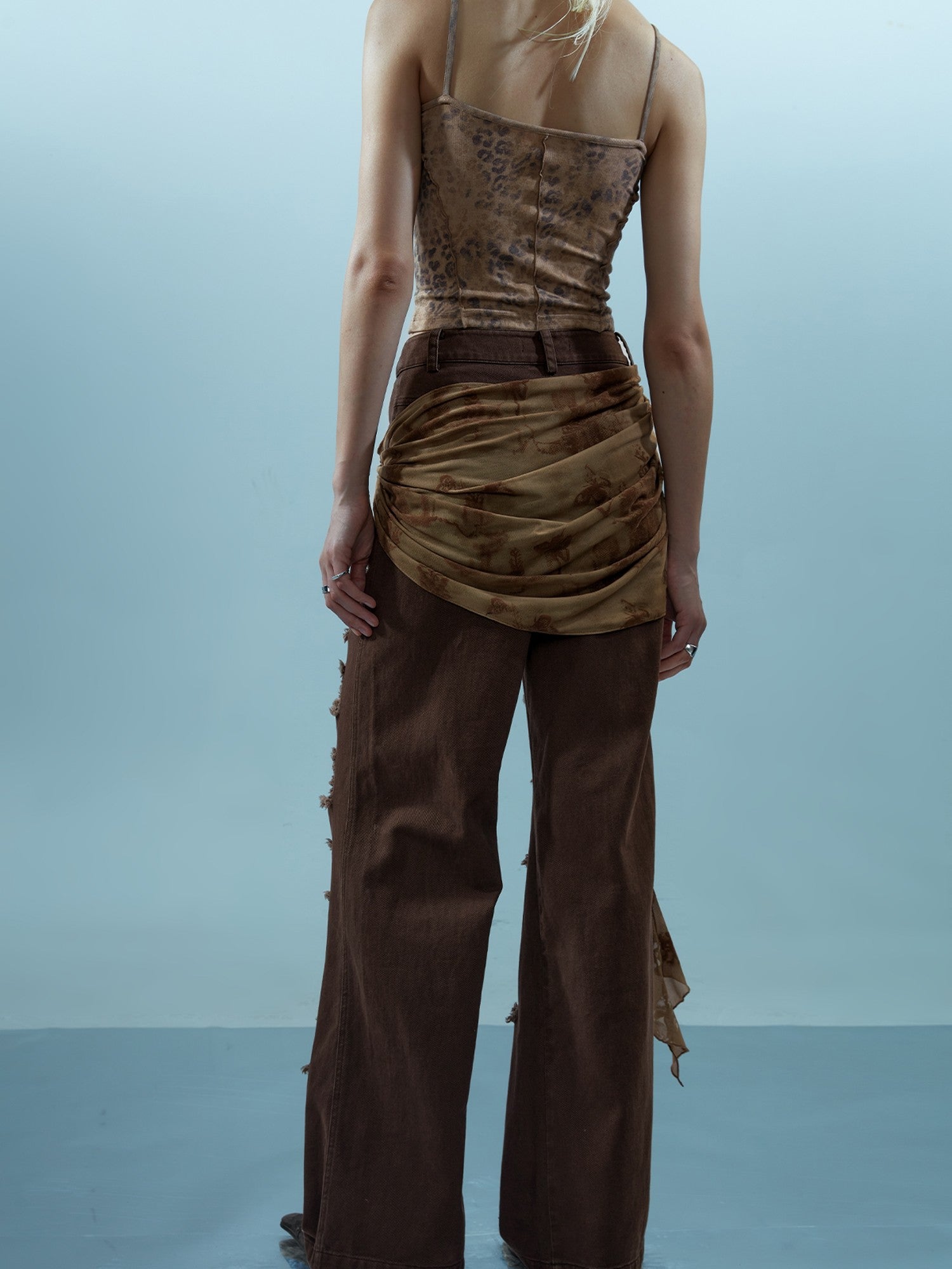Washed Distressed Detachable Flap Wide Leg Women&