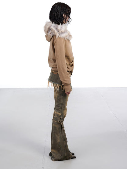 NORTH NODE Washed Distressed Fur Collar Hooded Women&