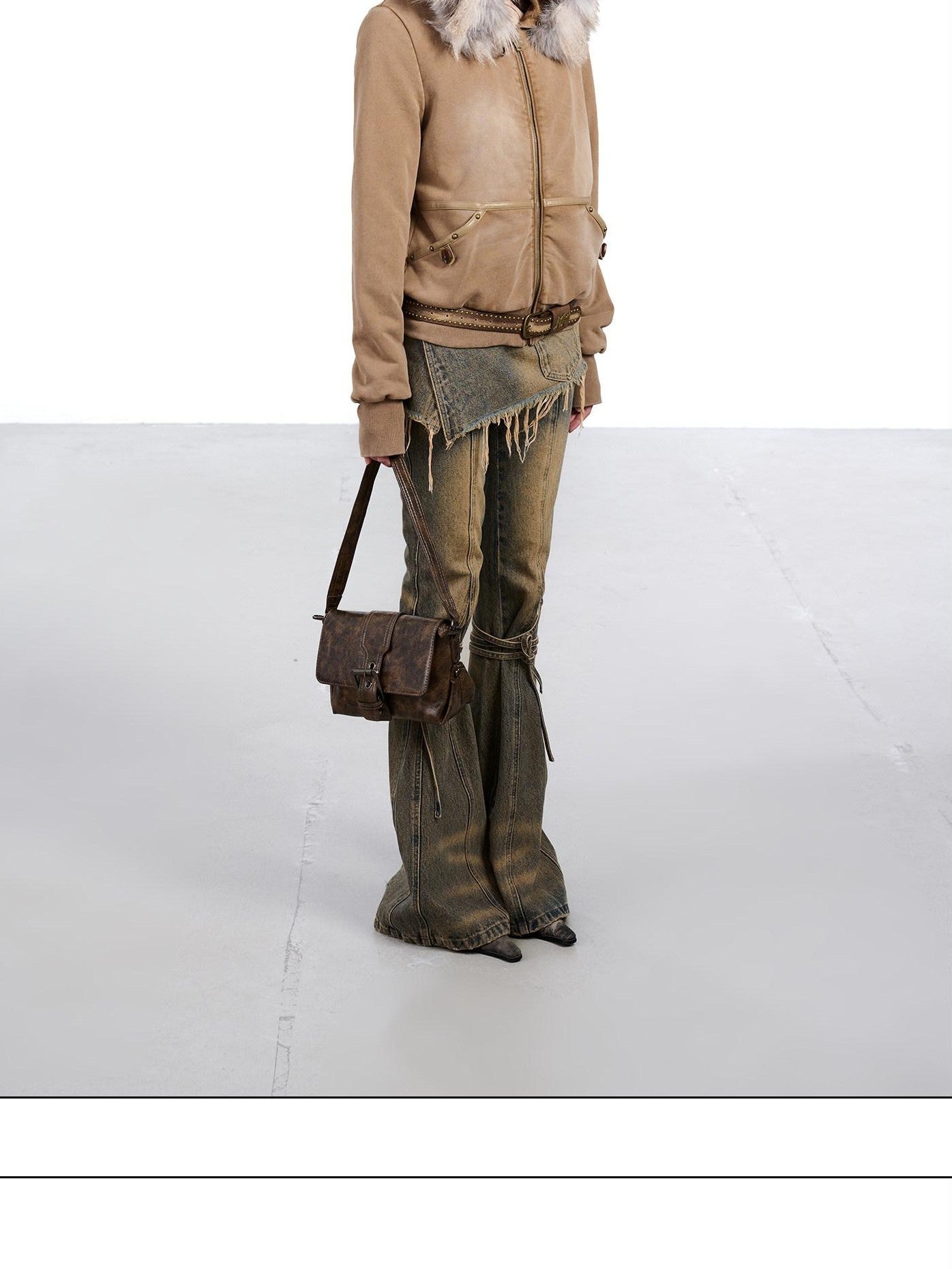 NORTH NODE Washed Distressed Fur Collar Hooded Women&