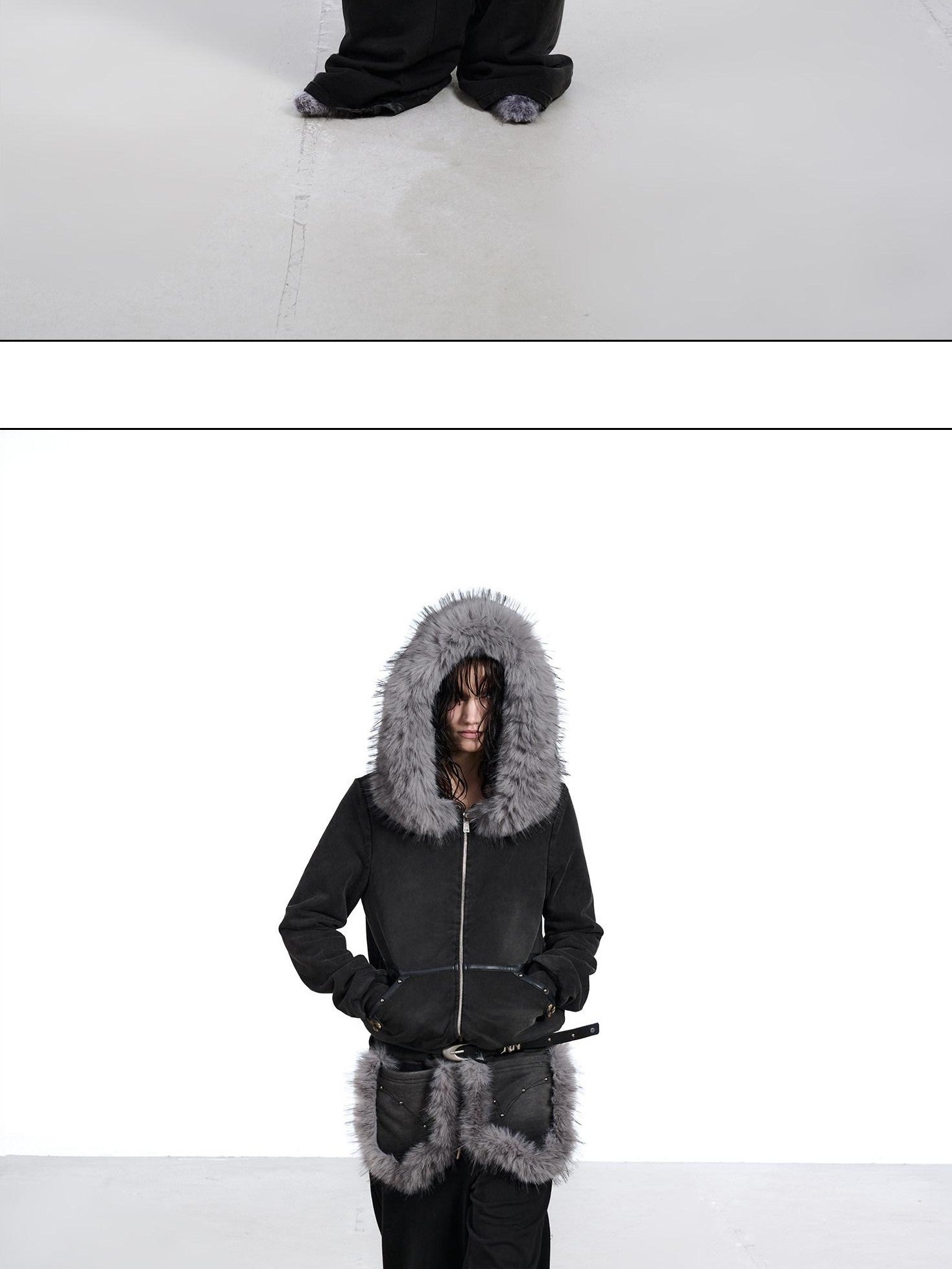 NORTH NODE Washed Distressed Fur Collar Hooded Women&