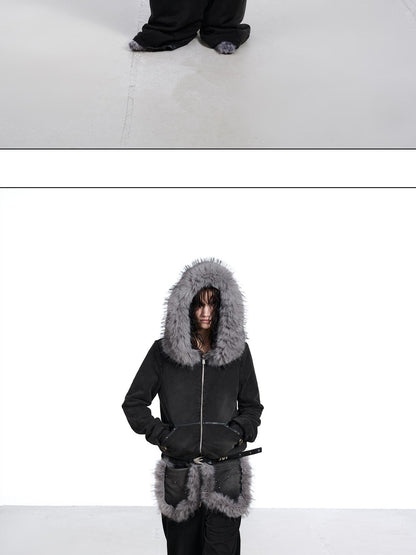 NORTH NODE Washed Distressed Fur Collar Hooded Women&