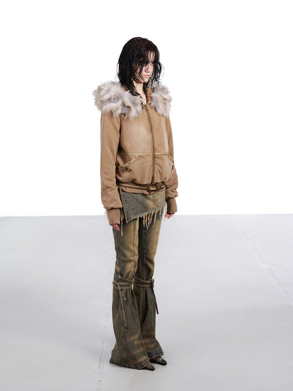 NORTH NODE Washed Distressed Fur Collar Hooded Women&