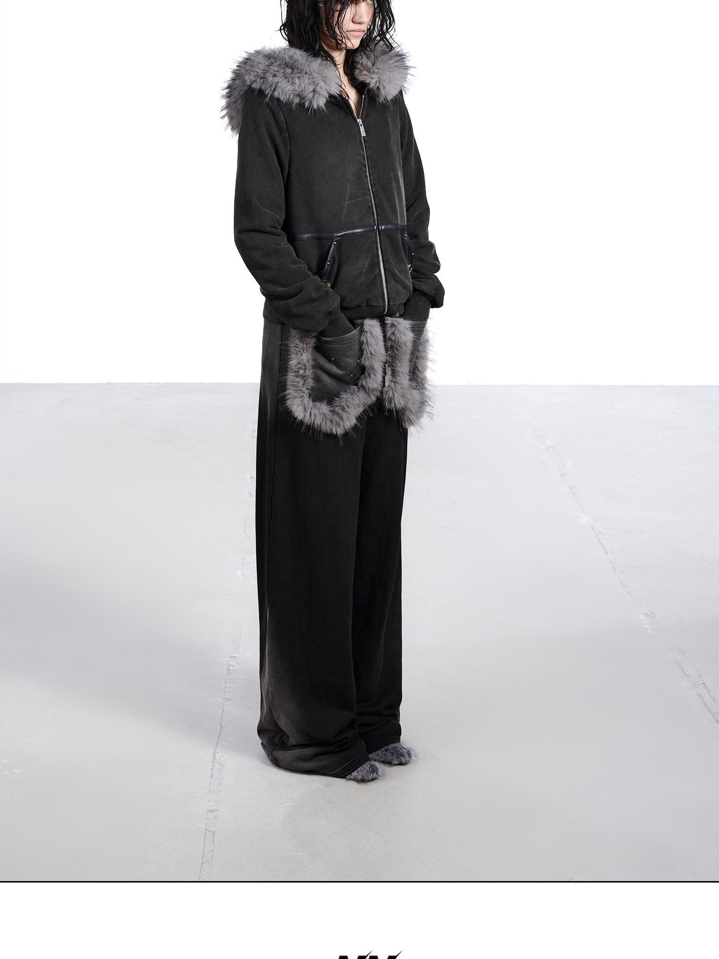 NORTH NODE Washed Distressed Fur Collar Hooded Women&