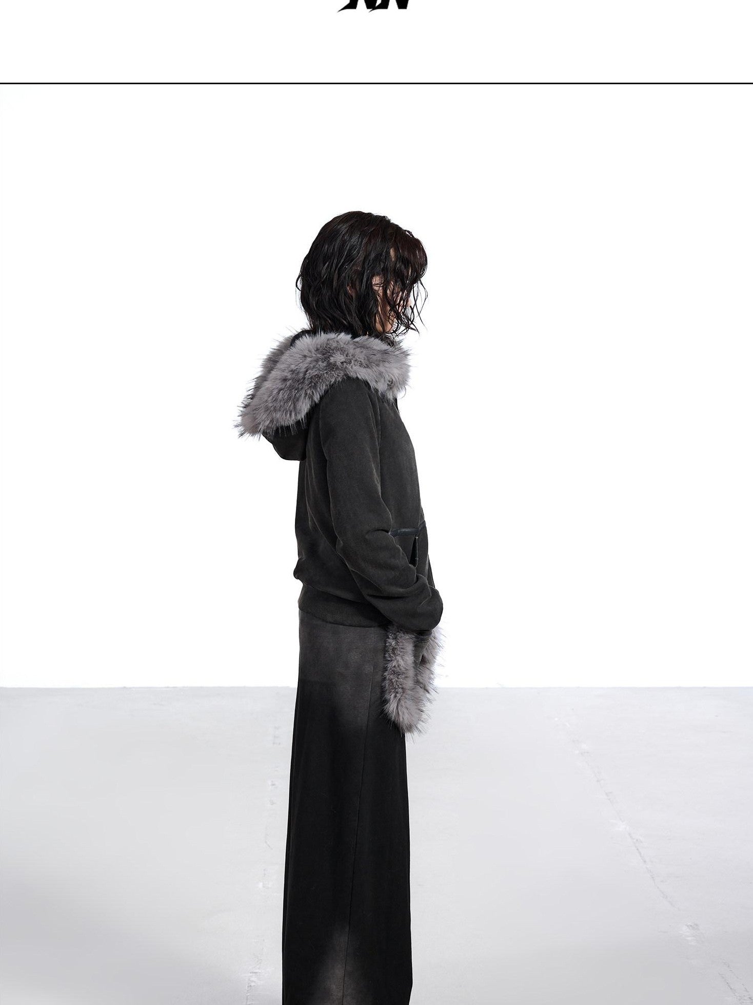 NORTH NODE Washed Distressed Fur Collar Hooded Women&
