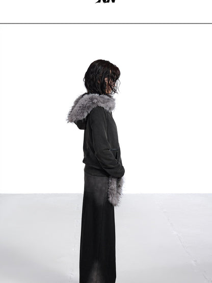 NORTH NODE Washed Distressed Fur Collar Hooded Women&