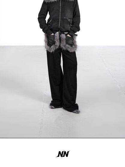 NORTH NODE Washed Distressed Fur Collar Hooded Women&