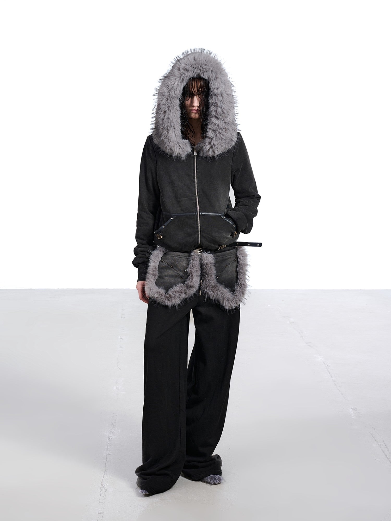 NORTH NODE Washed Distressed Fur Collar Hooded Women&