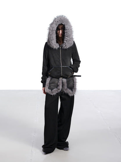 NORTH NODE Washed Distressed Fur Collar Hooded Women&