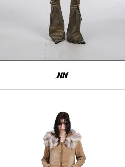 NORTH NODE Washed Distressed Fur Collar Hooded Women&