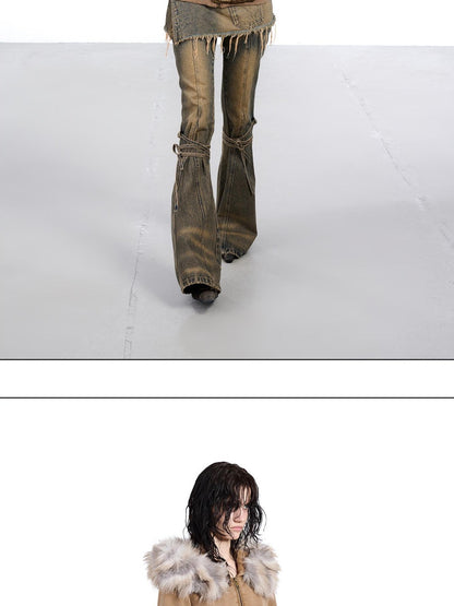 NORTH NODE Washed Distressed Fur Collar Hooded Women&