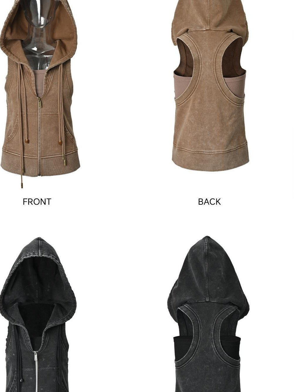 NORTH NODE Washed Distressed Hooded Zip Front Slim Fit Side Pocket Women&