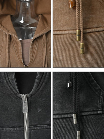 NORTH NODE Washed Distressed Hooded Zip Front Slim Fit Side Pocket Women&