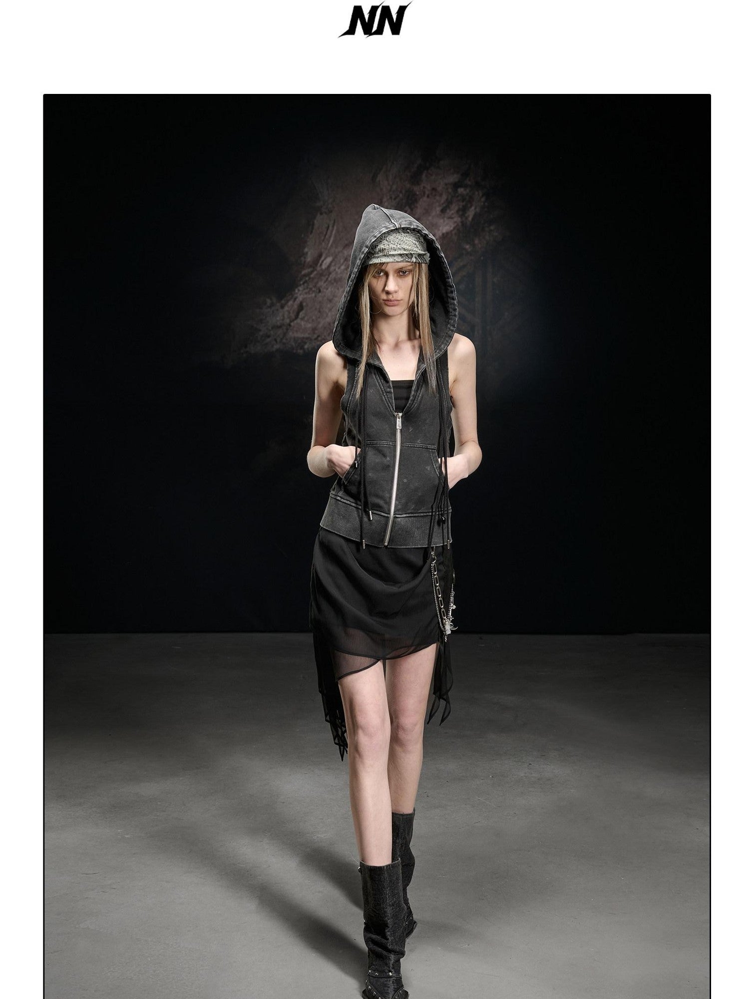 NORTH NODE Washed Distressed Hooded Zip Front Slim Fit Side Pocket Women&