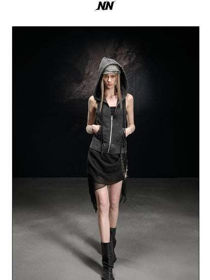 NORTH NODE Washed Distressed Hooded Zip Front Slim Fit Side Pocket Women&