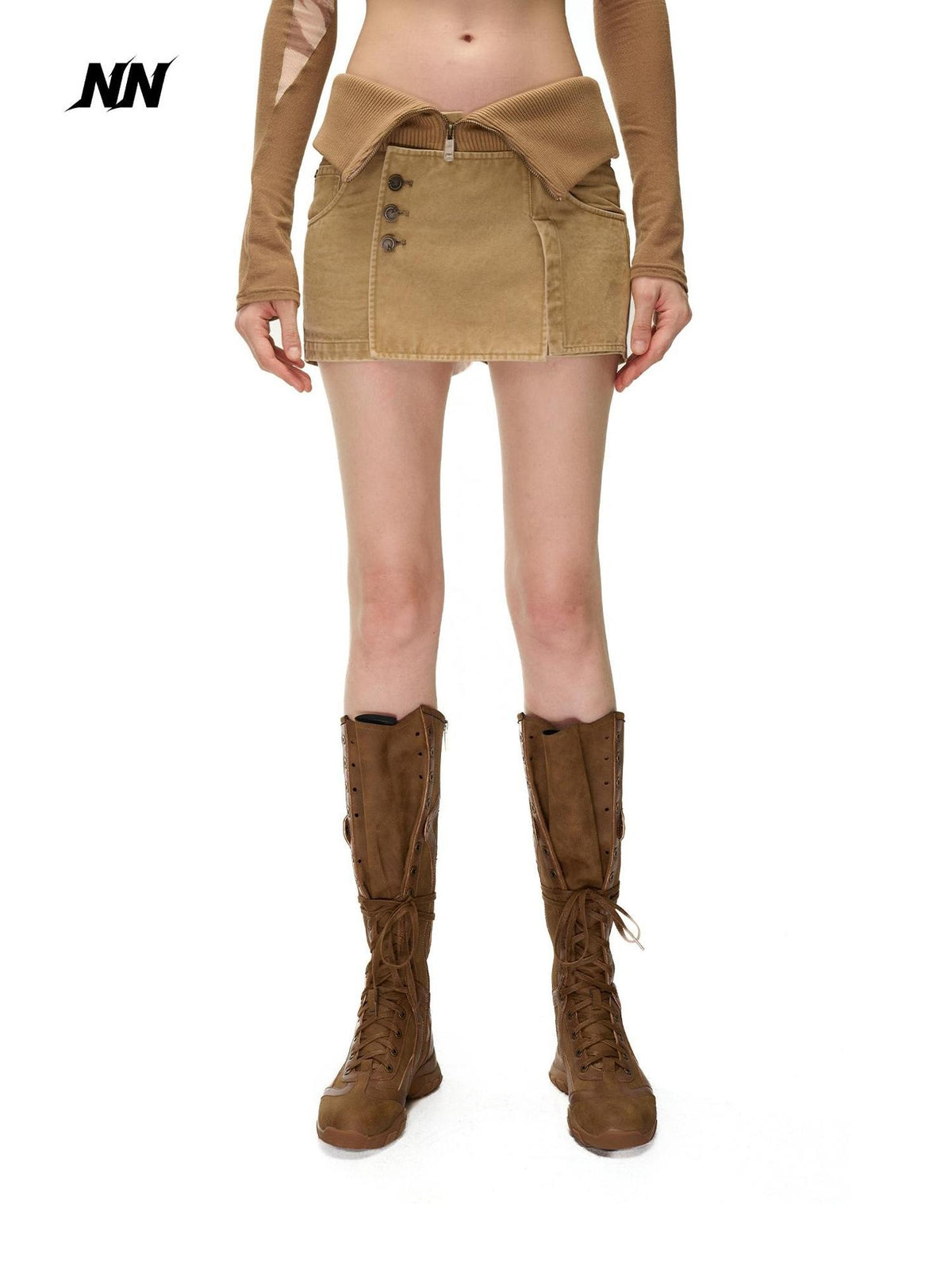 NORTH NODE Washed Distressed Ribbed Panel High Waist Women&