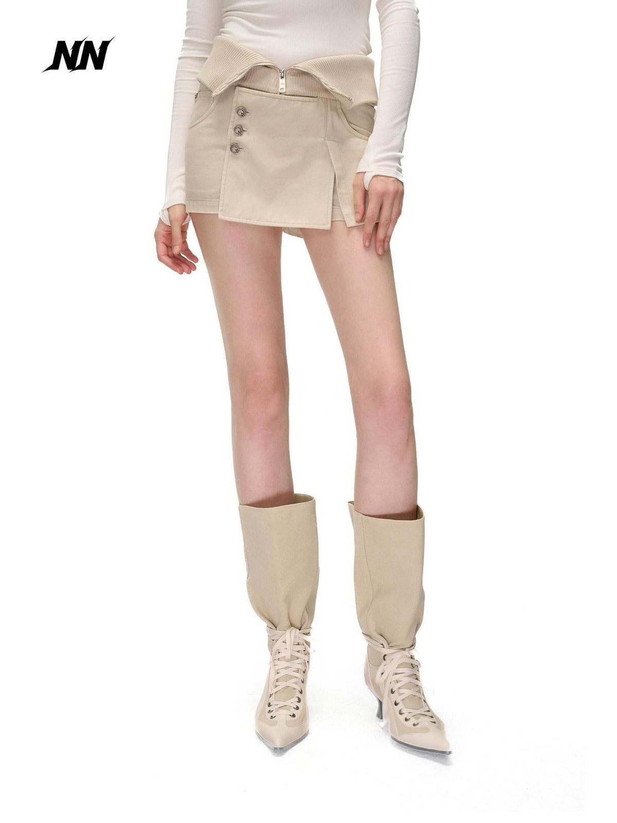 NORTH NODE Washed Distressed Ribbed Panel High Waist Women&