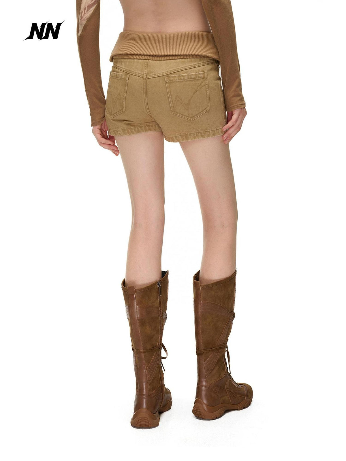 NORTH NODE Washed Distressed Ribbed Panel High Waist Women&