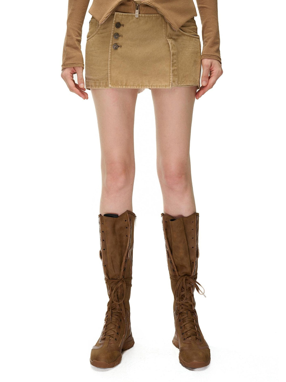 NORTH NODE Washed Distressed Ribbed Panel High Waist Women&