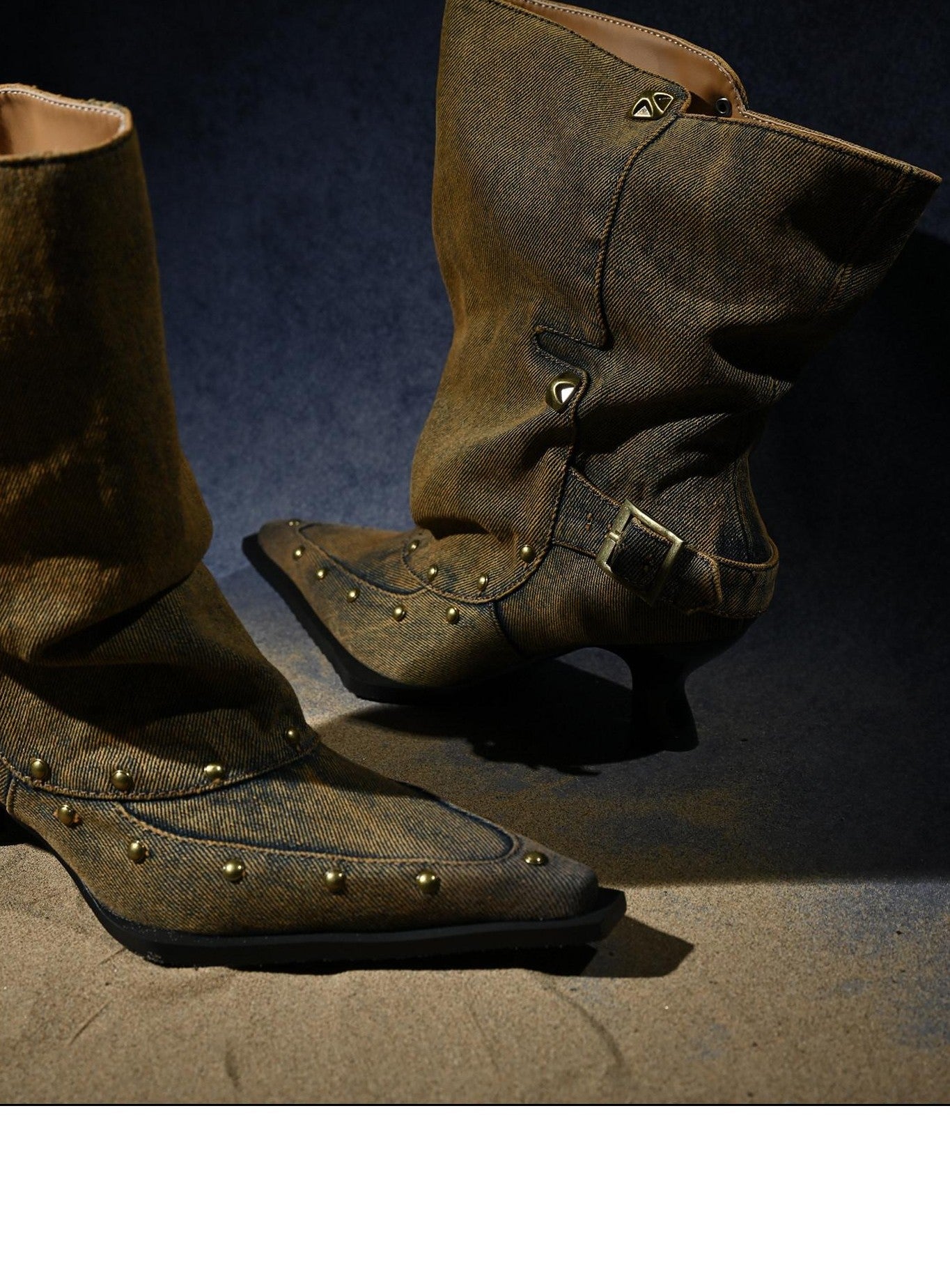 NORTH NODE Washed Distressed Studded Pointed Toe Western Punk Women&