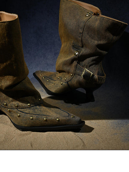 NORTH NODE Washed Distressed Studded Pointed Toe Western Punk Women&