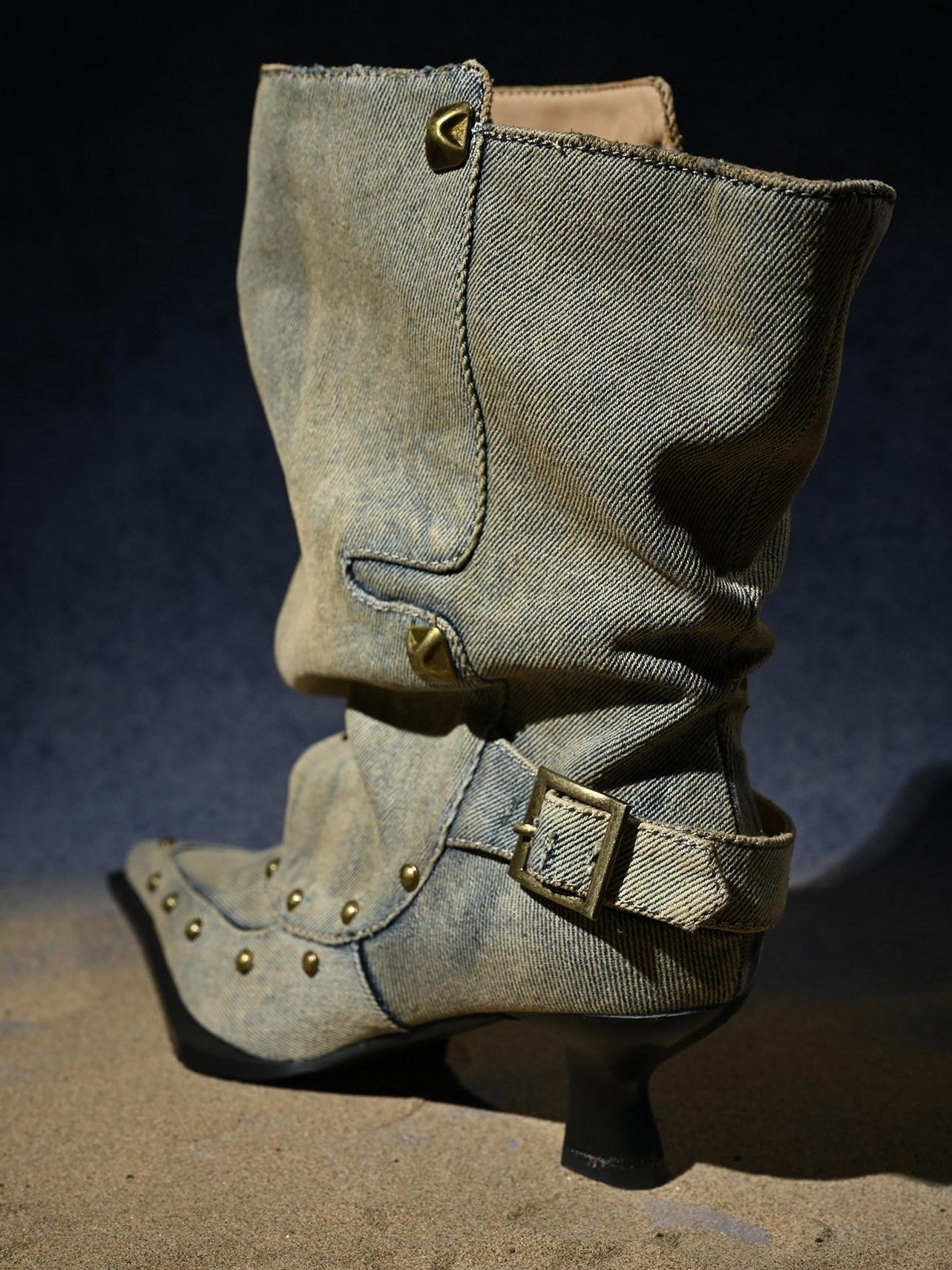 NORTH NODE Washed Distressed Studded Pointed Toe Western Punk Women&