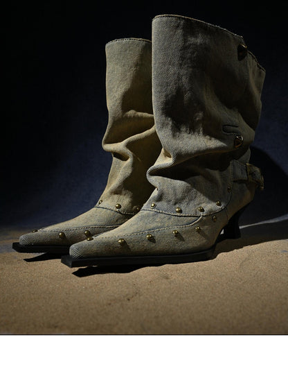 NORTH NODE Washed Distressed Studded Pointed Toe Western Punk Women&