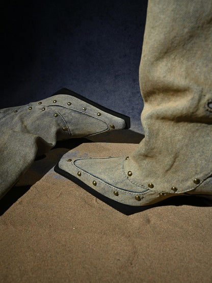 NORTH NODE Washed Distressed Studded Pointed Toe Western Punk Women&
