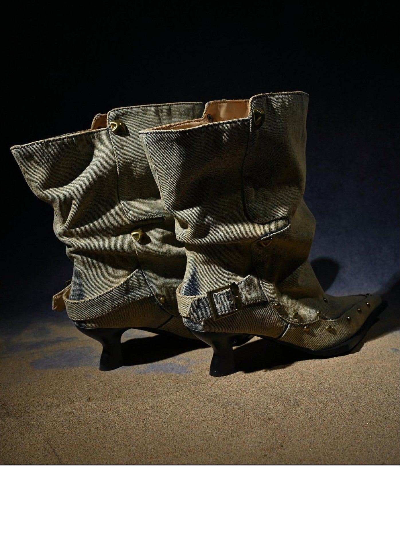 NORTH NODE Washed Distressed Studded Pointed Toe Western Punk Women&