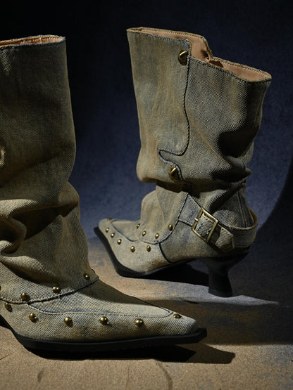 NORTH NODE Washed Distressed Studded Pointed Toe Western Punk Women&