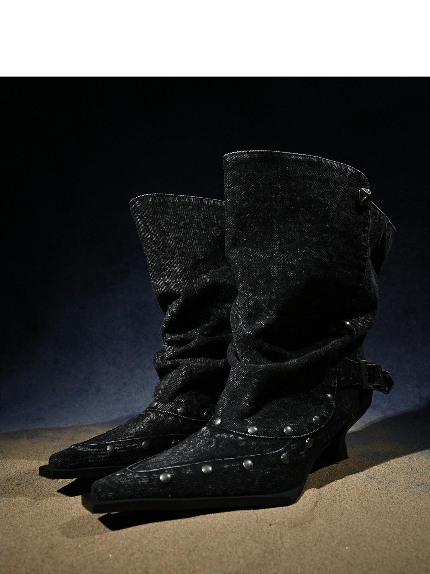NORTH NODE Washed Distressed Studded Pointed Toe Western Punk Women&