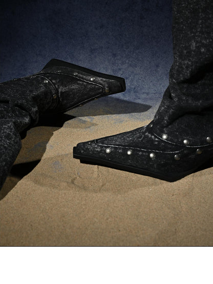 NORTH NODE Washed Distressed Studded Pointed Toe Western Punk Women&